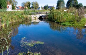 Langsam fließender Zweig der Roth mit Wasserbeobachtungs-Steinen – Horgau